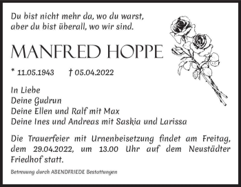 Traueranzeige von Manfred Hoppe  von Magdeburger Volksstimme