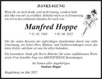 Traueranzeige von Manfred Hoppe  von Magdeburger Volksstimme