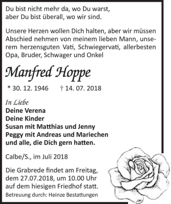 Traueranzeige von Manfred Hoppe  von Magdeburger Volksstimme
