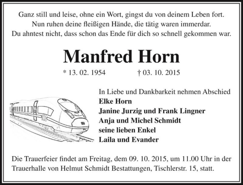  Traueranzeige für Manfred Horn  vom 07.10.2015 aus Magdeburger Volksstimme