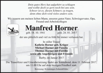 Traueranzeige von Manfred Horner  von Magdeburger Volksstimme