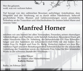 Traueranzeige von Manfred Horner  von Magdeburger Volksstimme
