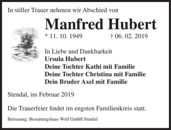 Traueranzeige von Manfred Hubert  von Magdeburger Volksstimme