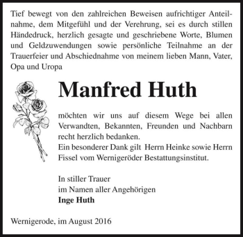 Traueranzeige von Manfred Huth  von Magdeburger Volksstimme
