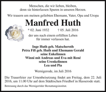 Traueranzeige von Manfred Huth  von Magdeburger Volksstimme