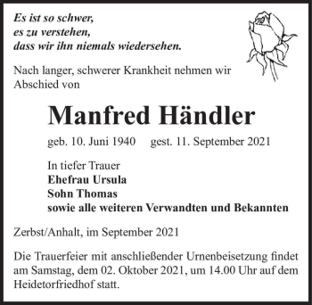 Traueranzeige von Manfred Händler  von Magdeburger Volksstimme