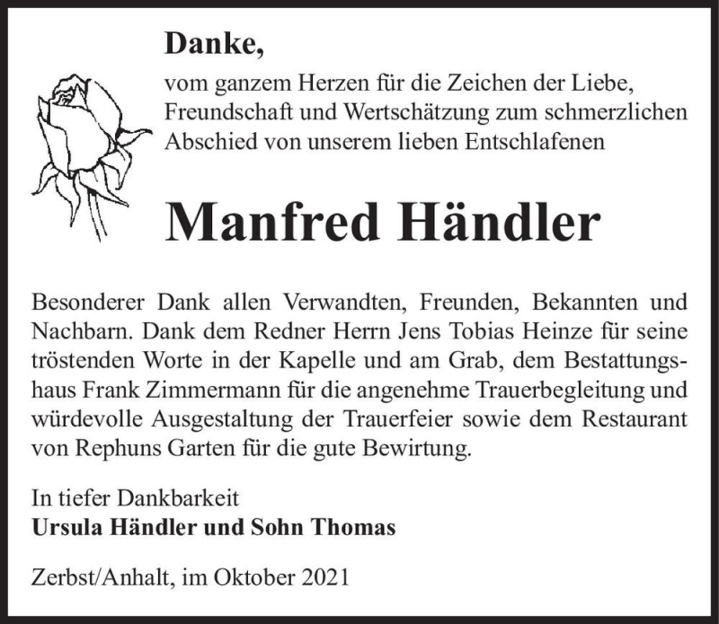  Traueranzeige für Manfred Händler  vom 09.10.2021 aus Magdeburger Volksstimme