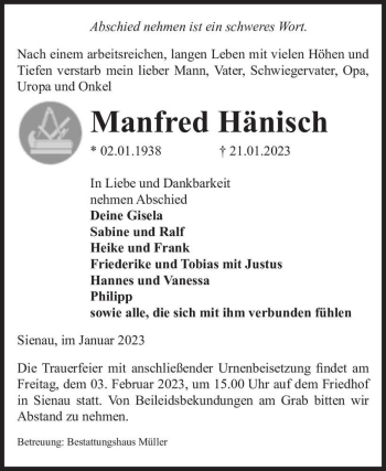 Traueranzeige von Manfred Hänisch  von Magdeburger Volksstimme