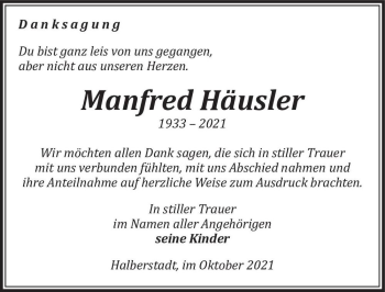 Traueranzeige von Manfred Häusler  von Magdeburger Volksstimme