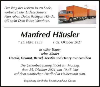 Traueranzeige von Manfred Häusler  von Magdeburger Volksstimme