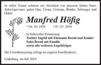 Traueranzeige von Manfred Höfig  von Magdeburger Volksstimme