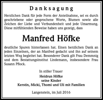 Traueranzeige von Manfred Höfke  von Magdeburger Volksstimme