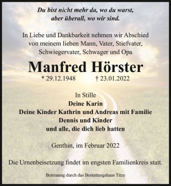 Traueranzeige von Manfred Hörster  von Magdeburger Volksstimme
