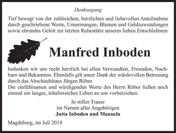 Traueranzeige von Manfred Inboden  von Magdeburger Volksstimme
