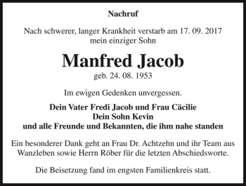 Traueranzeige von Manfred Jacob  von Magdeburger Volksstimme