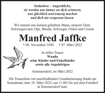 Traueranzeige von Manfred Jaffke  von Magdeburger Volksstimme