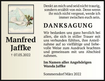 Traueranzeige von Manfred Jaffke  von Magdeburger Volksstimme