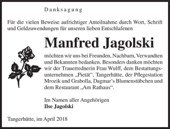 Traueranzeige von Manfred Jagolski  von Magdeburger Volksstimme