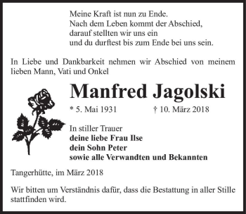 Traueranzeige von Manfred Jagolski  von Magdeburger Volksstimme