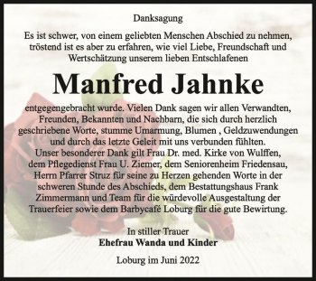 Traueranzeige von Manfred Jahnke  von Magdeburger Volksstimme