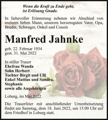 Traueranzeige von Manfred Jahnke  von Magdeburger Volksstimme