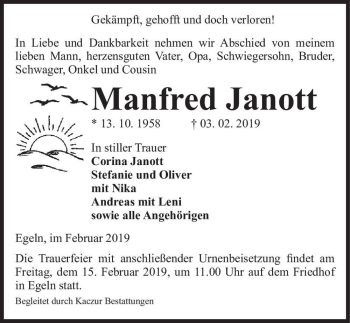 Traueranzeige von Manfred Janott  von Magdeburger Volksstimme