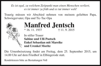 Traueranzeige von Manfred Jentsch  von Magdeburger Volksstimme