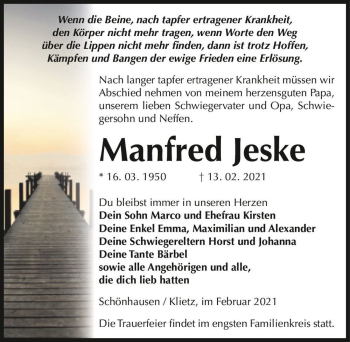 Traueranzeige von Manfred Jeske  von Magdeburger Volksstimme