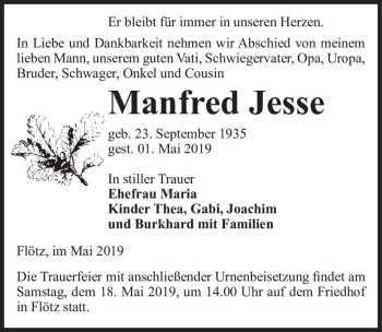 Traueranzeige von Manfred Jesse  von Magdeburger Volksstimme