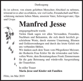 Traueranzeige von Manfred Jesse  von Magdeburger Volksstimme