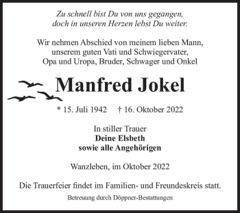Traueranzeige von Manfred Jokel  von Magdeburger Volksstimme
