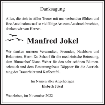Traueranzeige von Manfred Jokel  von Magdeburger Volksstimme