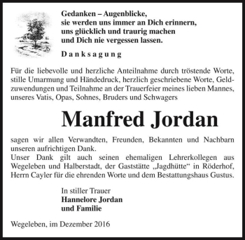 Traueranzeige von Manfred Jordan  von Magdeburger Volksstimme