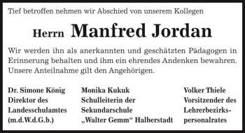 Traueranzeige von Manfred Jordan  von Magdeburger Volksstimme