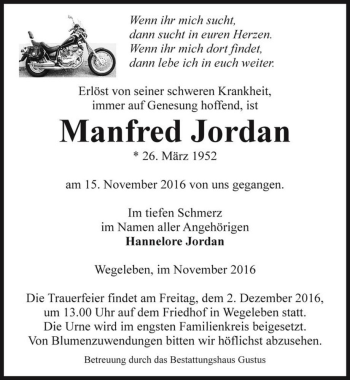 Traueranzeige von Manfred Jordan  von Magdeburger Volksstimme