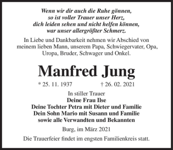Traueranzeige von Manfred Jung  von Magdeburger Volksstimme