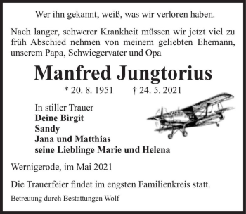 Traueranzeige von Manfred Jungtorius  von Magdeburger Volksstimme