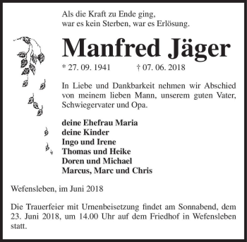 Traueranzeige von Manfred Jäger  von Magdeburger Volksstimme