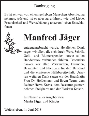 Traueranzeige von Manfred Jäger  von Magdeburger Volksstimme