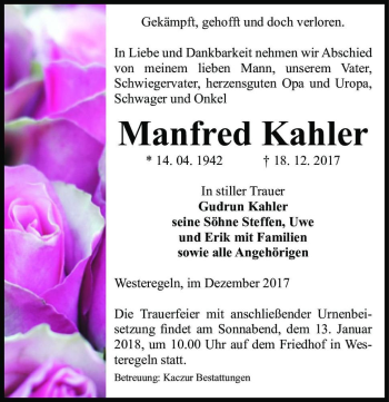 Traueranzeige von Manfred Kahler  von Magdeburger Volksstimme