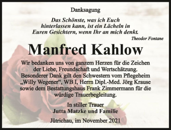 Traueranzeige von Manfred Kahlow  von Magdeburger Volksstimme
