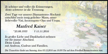 Traueranzeige von Manfred Kaiser  von Magdeburger Volksstimme