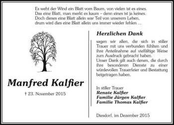 Traueranzeige von Manfred Kalfier  von Magdeburger Volksstimme