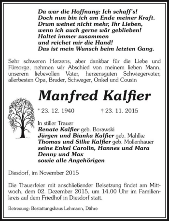 Traueranzeige von Manfred Kalfier  von Magdeburger Volksstimme