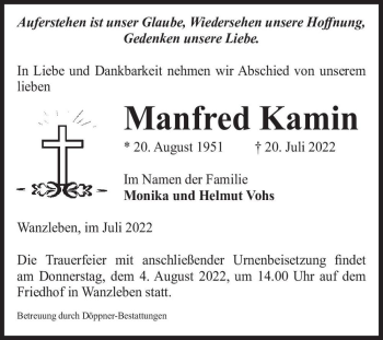Traueranzeige von Manfred Kamin  von Magdeburger Volksstimme