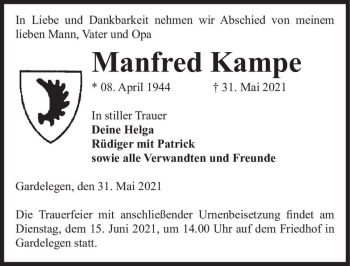 Traueranzeige von Manfred Kampe  von Magdeburger Volksstimme