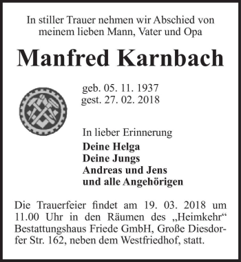 Traueranzeige von Manfred Karnbach  von Magdeburger Volksstimme