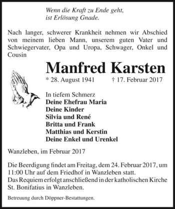 Traueranzeige von Manfred Karsten  von Magdeburger Volksstimme