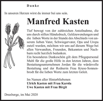 Traueranzeige von Manfred Kasten  von Magdeburger Volksstimme