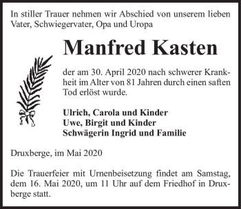Traueranzeige von Manfred Kasten  von Magdeburger Volksstimme